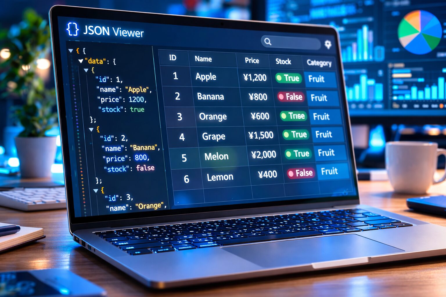 JSON viewer tool interface displaying table data